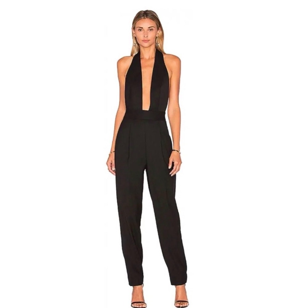 Milly Gabardine Halter Jumpsuit Womens 2 Black Deep V-Neck‎ Open Back Cocktail